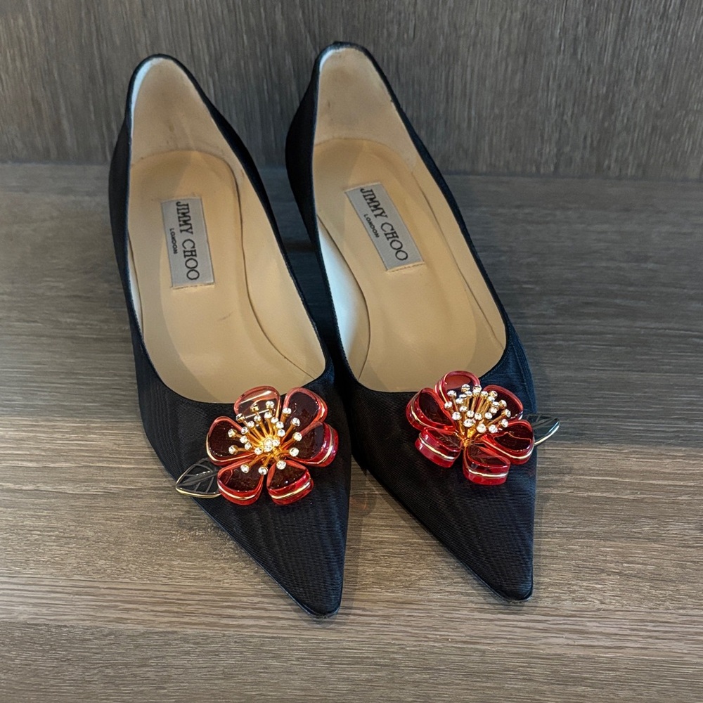 Jimmy Choo Black Heels with Red Floral Accent